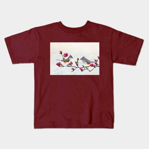 Tufted Titmice on Magnolia Branch Kids T-Shirt by lauradyoung